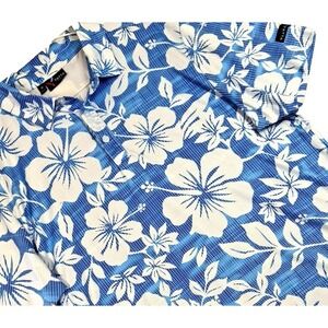 Yatta Mens Golf Polo Shirt M Blue Floral Hawaiian Performance Wicking Stretch